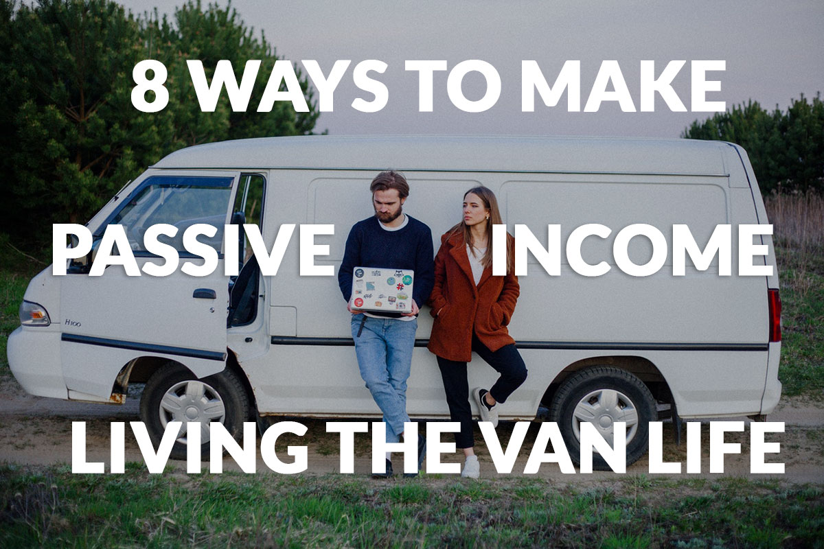 couple outside their van on laptop looking for ways to make passive income