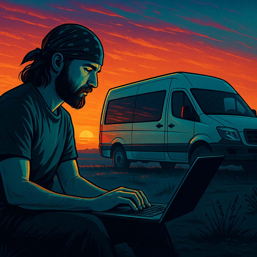Digital nomad working on a laptop beside a van under sunset sky – symbol of freedom and remote work